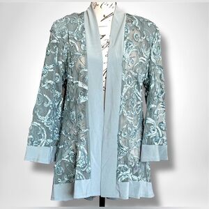 R&M Richards 12 Sheer w/ Light Teal Blue Ribbon Design Open Jacket Cardigan NWOT